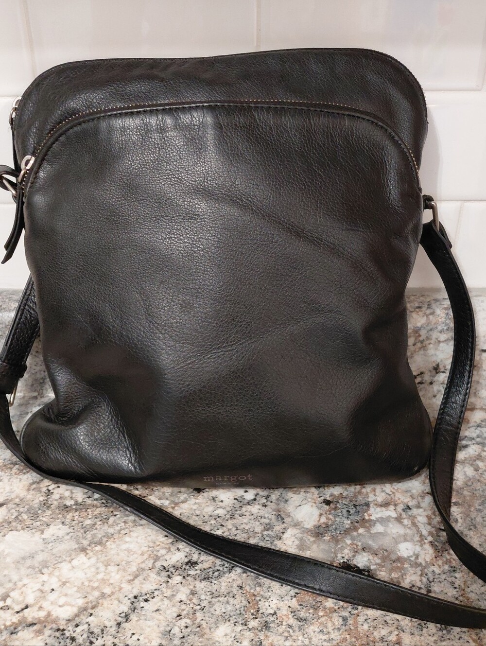 margot Black Pebbled Leather Large Double Pouch Crossbody Bag Purse